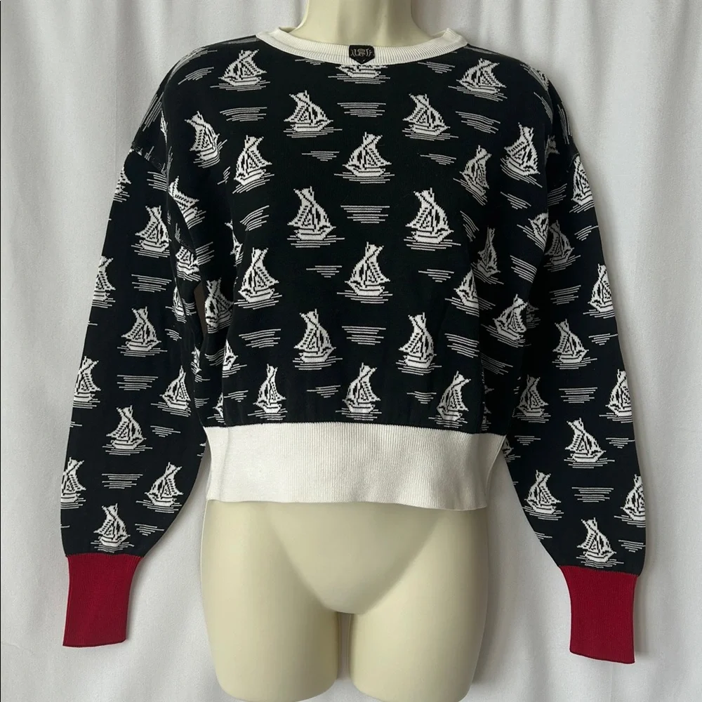 Sonia Rykiel Vintage Black/White Sailboat Knit Sweater Shirt Top **Size M** 🌺🌺 - Picture 1 of 6
